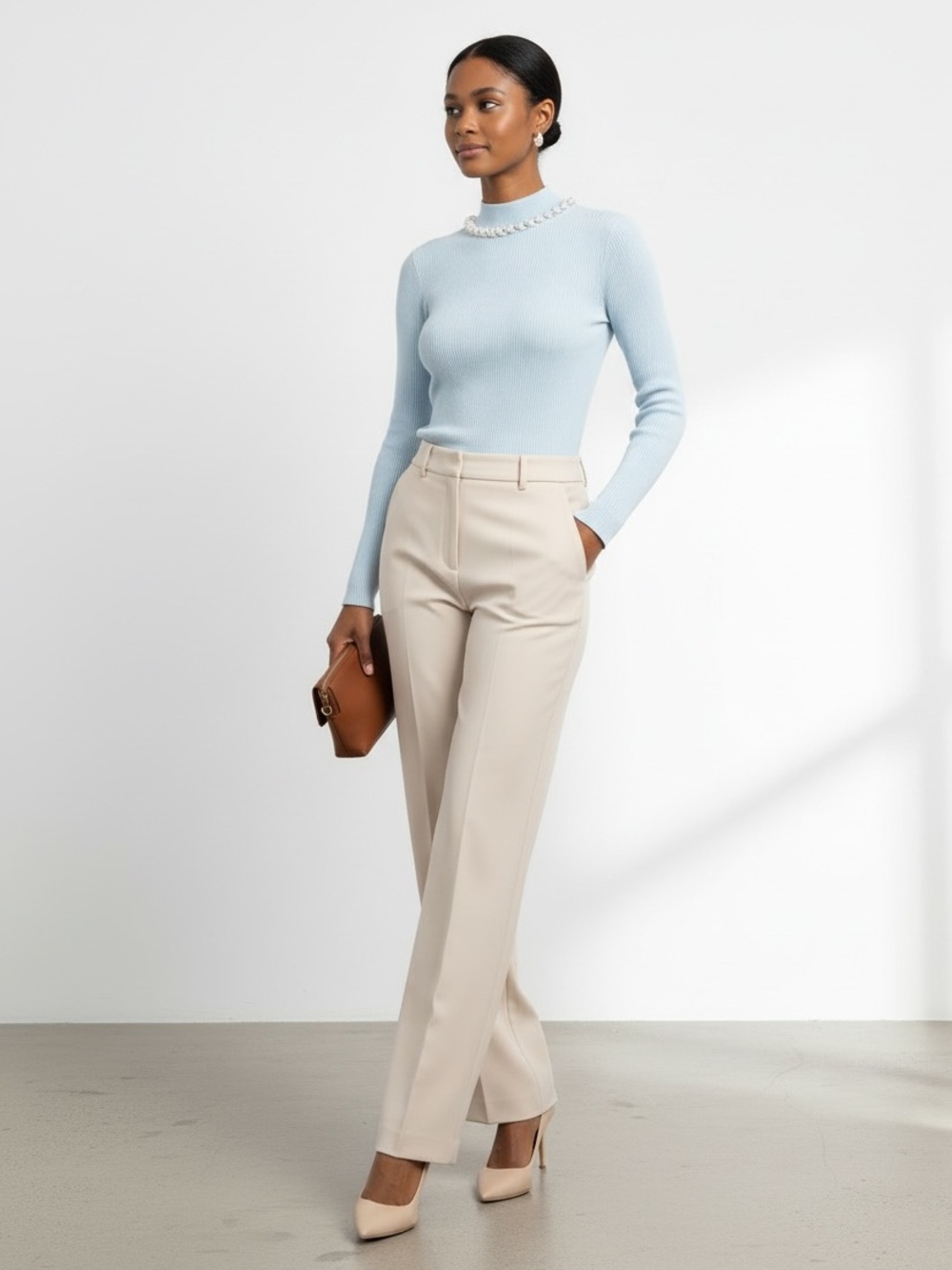 1654 • Blue Viscose Blend Ribbed Long Sleeve Mock Neck w/Pearl Strand Detail - Picture 4 of 10